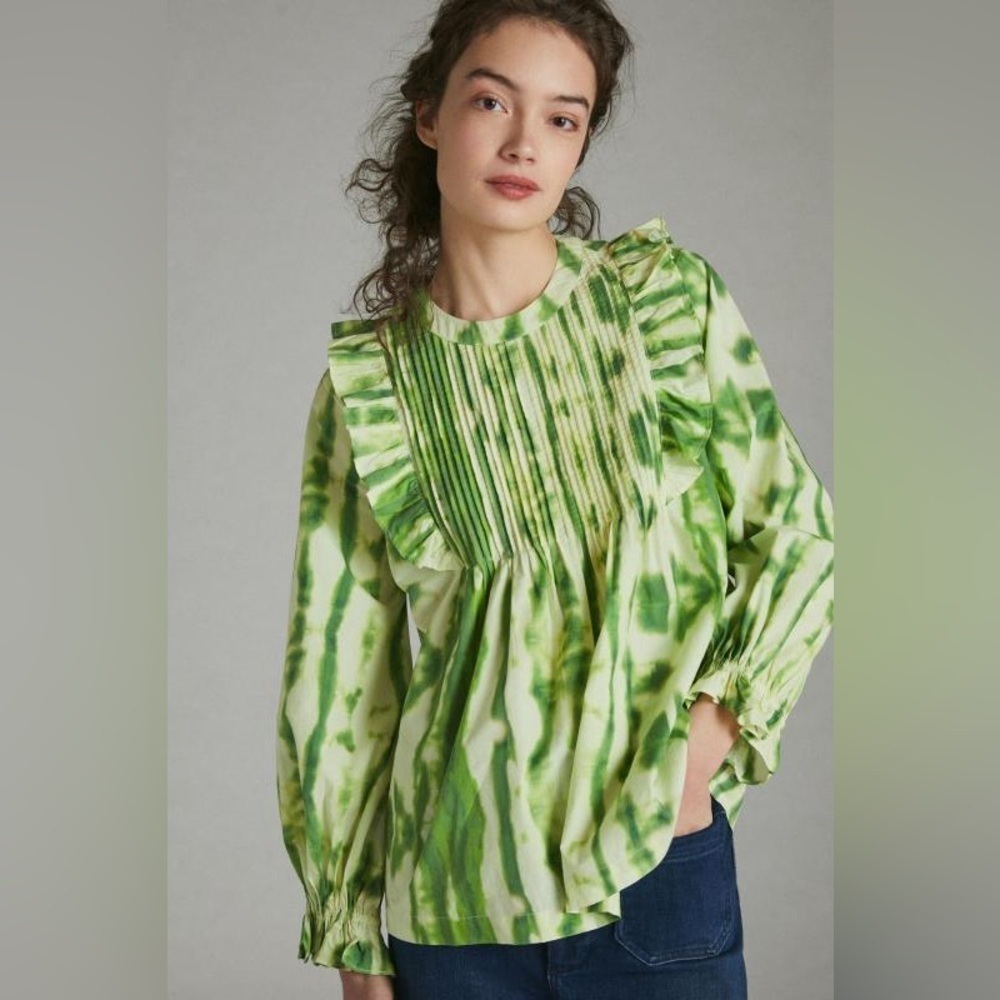 Anthropologie Samant Chauhan Green Tie Dye‎ Long Sleeve Ruffle Blouse Size L